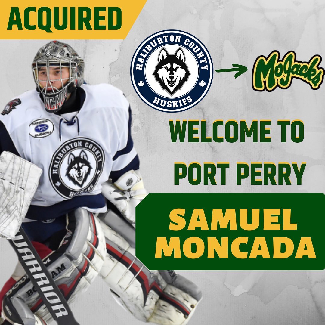 🚨🚨

We are proud to officially announce the acquisition of goaltender, Samuel Moncada from the @haliburtonhuskies 

Moncada played 3 games with the Huskies, with a .909 SVP. He made his first start for the MoJacks on December 30th with a 30 save performance! 

Welcome To Port Perry!

#GoJacksGo
#50Years