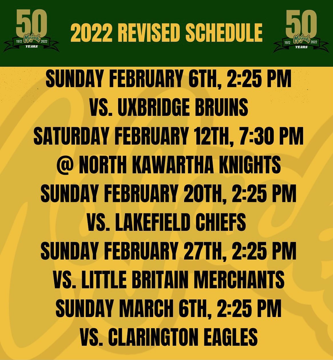 🚨🚨REVISED SCHEDULE🚨🚨

We are back at the Gog February 6th as we host the Uxbridge Bruins to kick off our final 5 games of the season!

GO JACKS GO

#50Years
#JackedUp