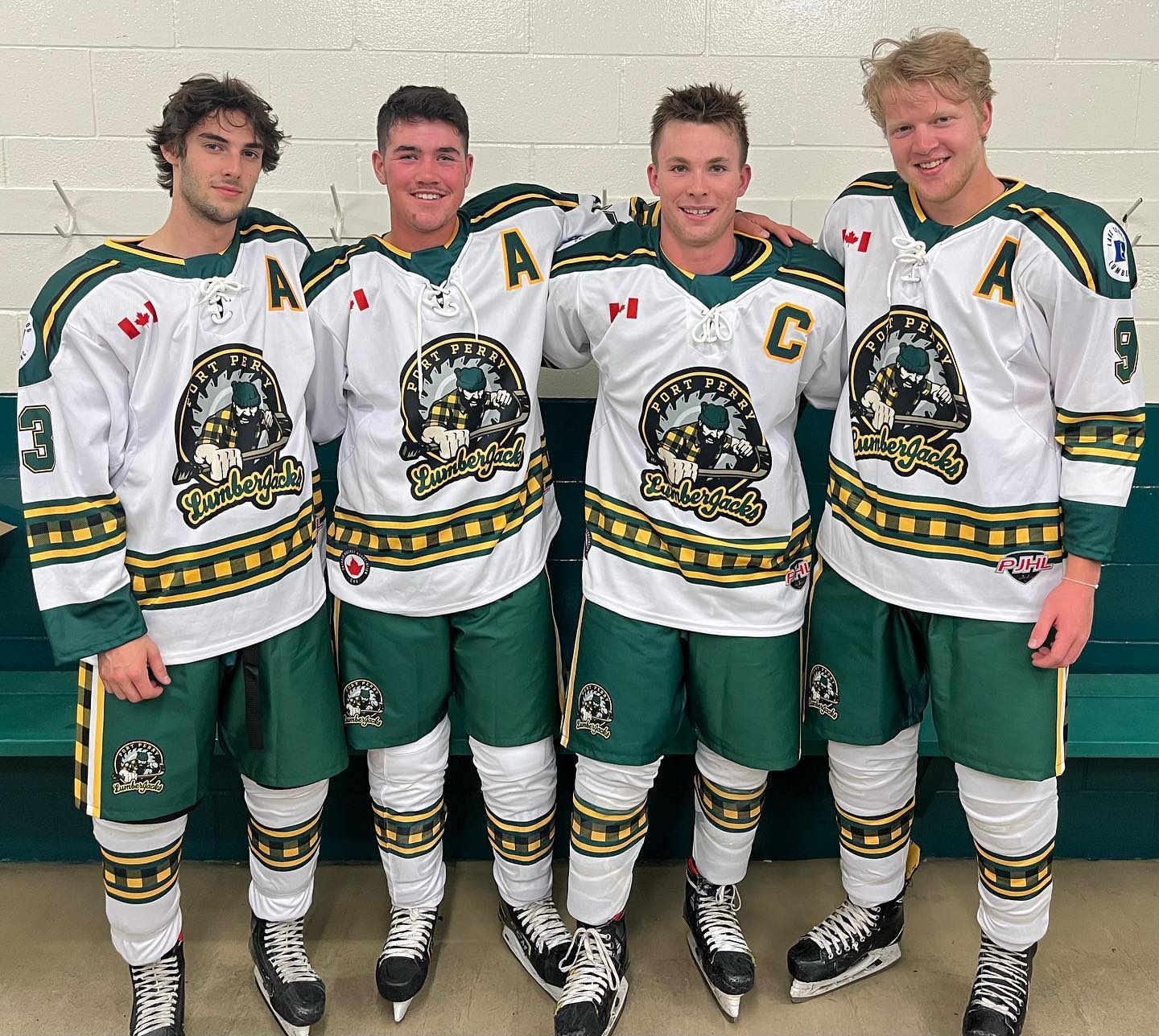 Introducing the 2022-2023 leadership group wearing our new road white uniforms!

Right to left:

AC - Brayden Roberts
AC - Cam Marshall
C - Nolan Goddard
AC - Quinn Arnott