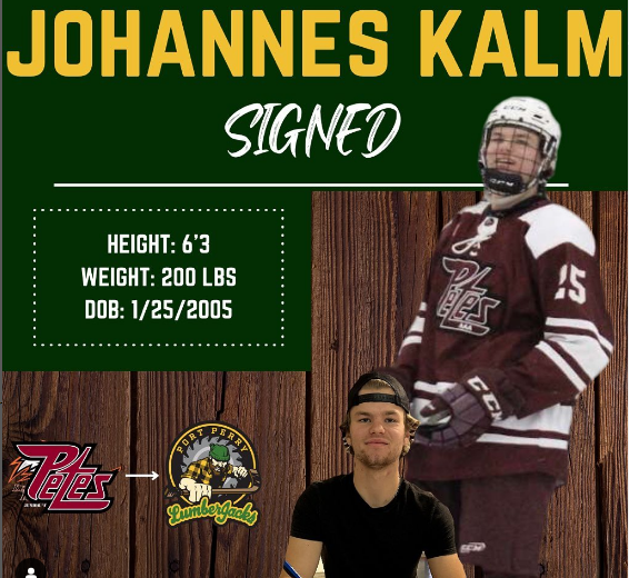Johannes Kalm signed to Port Perry LumberJacks Height 6 feet, 3 inches, Weight 200 pounds, Date of Birth January 25, 2005