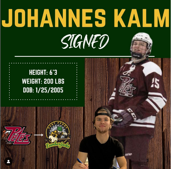 Johannes Kalm signed to Port Perry LumberJacks Height 6 feet, 3 inches, Weight 200 pounds, Date of Birth January 25, 2005