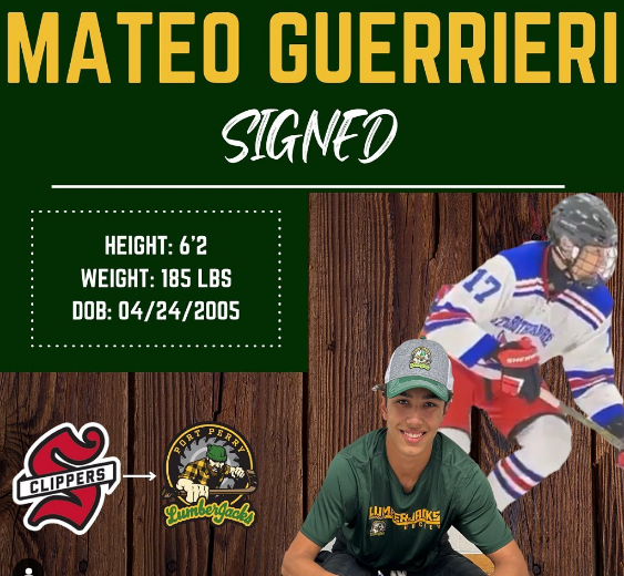 Mateo Guerrieri signed to Port Perry LumberJacks Height 6 feet, 2 inches, Weight 185 pounds, Date of Birth April 24, 2005